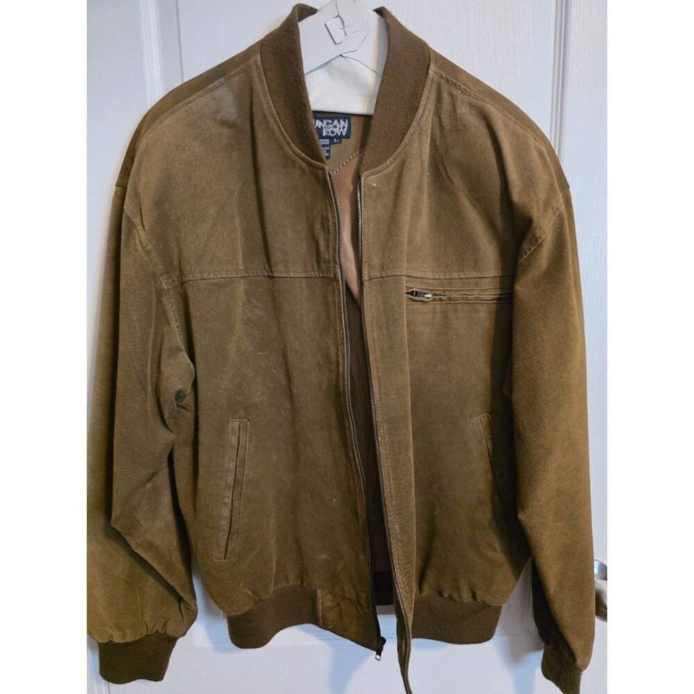 Vintage Duncan Row brown suede leather bomber jacket with front zip pocket sz L